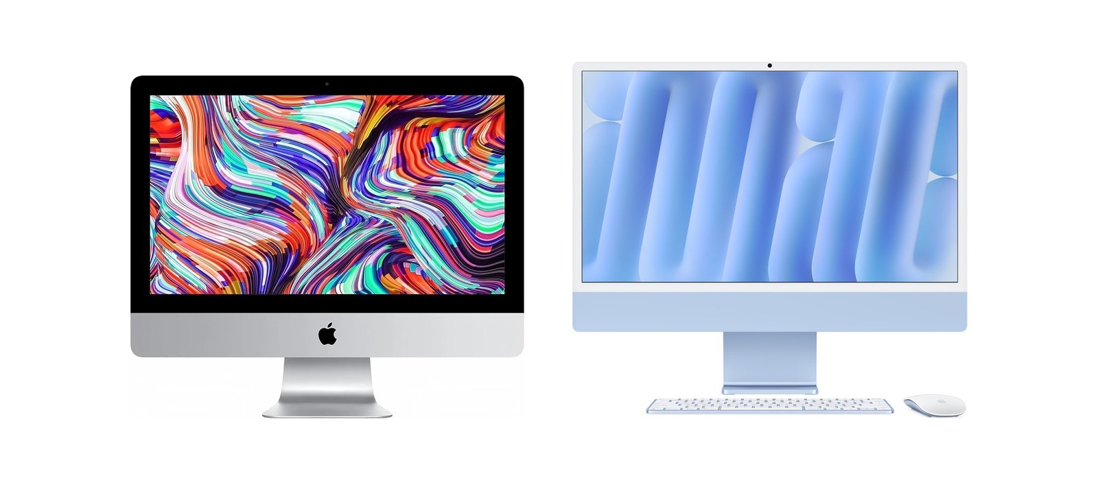iMac de 21,5 polegadas com Intel ao lado de um iMac de 24 polegadas azul com chip da Apple
