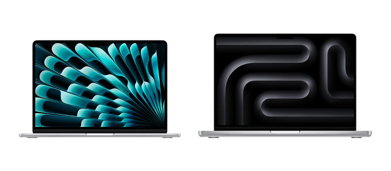 MacBook Air de 13 polegadas e MacBook Pro de 14 polegadas, prateados, lado a lado