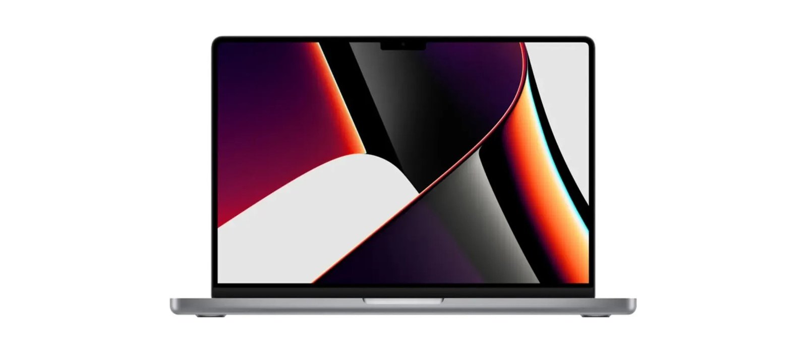 MacBook Pro de 14 polegadas cinza-espacial, de frente, com a tela ligada