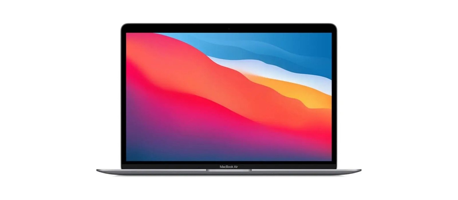 MacBook Air de 13 polegadas cinza-espacial, de frente, com a tela ligada